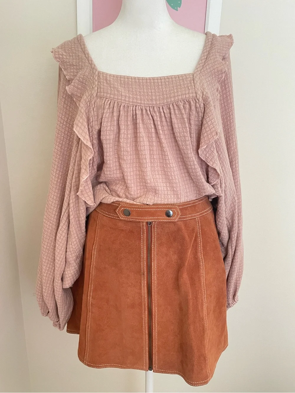Free People Bonnie Blouse Dusty Pink Textured Ruffle Boho Top Size Small